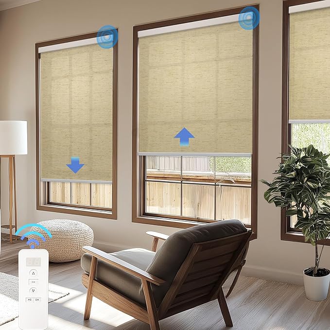 COOLWINDS Motorized Blinds with Remote Cordless Automatic Motorized Shades Custom Blinds for Windows Smart Curtains Compatible with Alexa Google Home(Light Filtering Linen Soft Dunes,W45 x H72in)