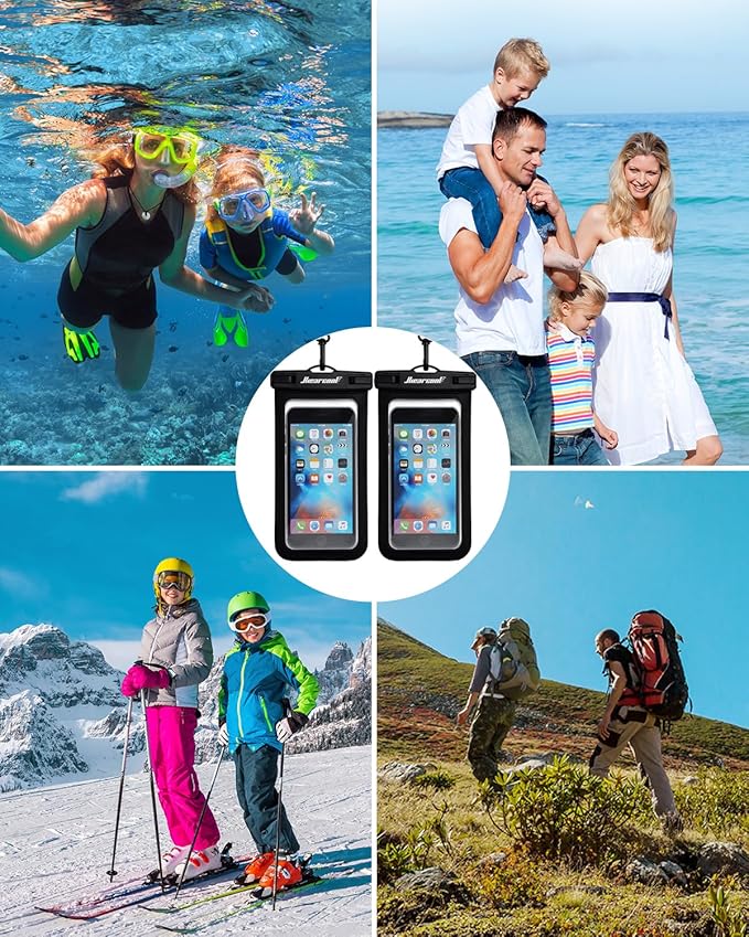Hiearcool Waterproof Phone Pouch, Universal Case Compatible for iPhone 16 15 14 13 Pro Max Plus Up to 8.3", IPX8 Beach Travel Essentials-Black-2 Pack