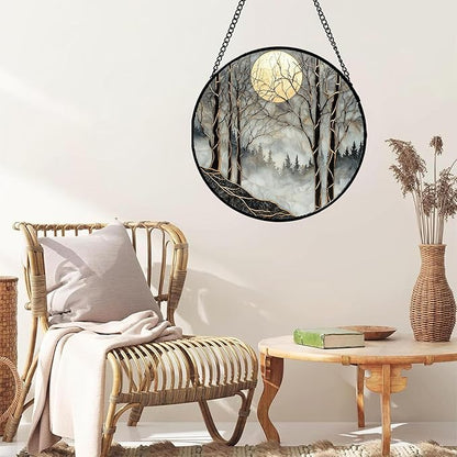 AMDERVEN Stained Glass Window Hanging - Black and White Gold Moon Forest Sun Catcher for Door Home Decor Suncatcher Christmas Mother's Day Birthday Gifts for Women Men Lovers Mom Nana 11.8 in
