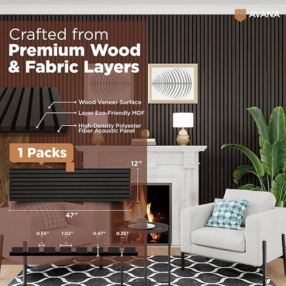 Avana Acoustic Wood Wall Panels – 47.2 x 12.6 Inch Smoke Oak Acoustic Panels 1 PC – Wall Panels For Interior Wall Decor for Homes, Offices, Studios – Modern Sturdy & Durable Wood Panels For Wall