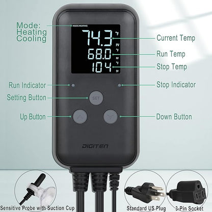 SENSTREE Greenhouse Temperature Controller Digital Waterproof Thermostat for Home Brewing, Fermentation, Breeding, Incubation, Terrarium, Heating & Cooling, 110V 10A 1100W