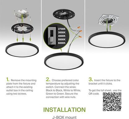 ASD LED 12" Round Flush Mount Ceiling Light Fixture, Low Profile Surface Lighting | 5CCT, Dimmable, Ultra-Thin, ETL Listed | 24W 2000LM 2700-6000K 100-277V | Kitchen, Bedroom, Hallway Lamp | Black