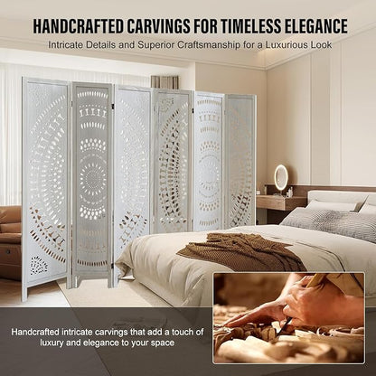 ALeesing 6 Panel Wood Room Divider Fully Assembled, Decorative Room Dividers and Folding Screens, 5.6Ft Room Divider Screen Freestanding Partition Wall Dividers for Home Bedroom Office, White