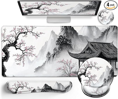 LIMKRIAN Japanese Ergonomic Mouse Pad Large Desk Mat Set, XXL Anime Mousepad with Wrist Rest, Wrist Support Gaming Keyboard Mat Cup Coaster Set, Japanese Style Office Desk Accessories Decor