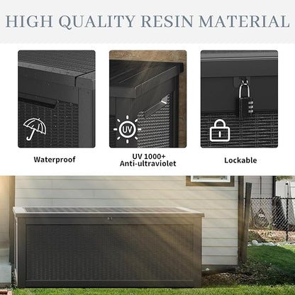 NUNU LAB 300 Gallon Outdoor Storage Box,Resin Large Sturdy Deck Box, Backyard Outside Storage Box Waterproof with Double Wall Panels,Package Delivery Garden Outdoor Hose Bin
