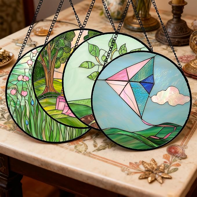 AMDERVEN Stained Glass Window Hanging 4 Pcs Set Pink Green Spring Saplings Flowers 6.3" - Suncatcher Door Garden Sun Catcher Home Decor Mother's Day for Woman Nana Mom Men