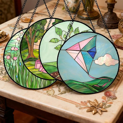AMDERVEN Stained Glass Window Hanging 4 Pcs Set Pink Green Spring Saplings Flowers Large 11.8" - Suncatcher Door Garden Sun Catcher Home Decor Mother's Day for Woman Nana Mom Men
