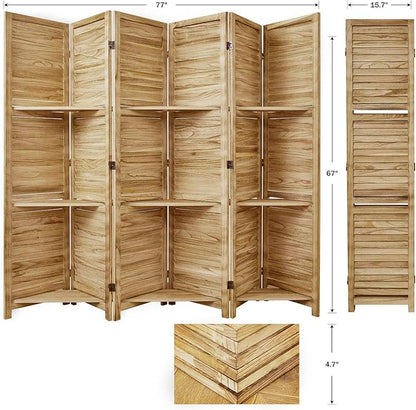 Partition Room Dividers, Folding Wood Privacy Screen with Three Display Shelves Suitable for Home Office, Study, Art Display - 6 Panel, 67 * 77inch (Wood)