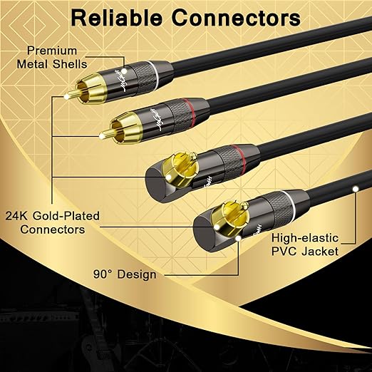 RCA Cable 3 FT, 90 Degree Right Angle 2RCA to 2RCA Stereo Audio Cable, Zinc Alloy Shell, Gold-Plated Plug, 2 RCA Audio Cord, for Home Theater, Subwoofer, HDTV, Amplifier, Hi-Fi System, Car, Speaker