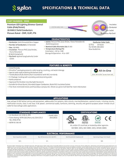 Syston Cable Technology 18/2 LED Lighting Dimmer Dimming Luminaire Control Wire Cable,18 AWG 2 Conductors Solid Bare Copper Unshielded Plenum Rated CMP CL3P FT6, for Ballast Wiring and Connection