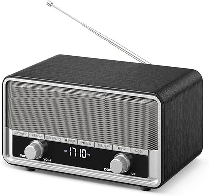 Vintage Wood AM FM Clock Radio with Bluetooth, Digital Clock Radio for Bedroom with LCD Display | 40 Presets | Sleep Timer | No Alarm, Retro Bluetooth Speaker for Office,Home, Kitchen (Black)
