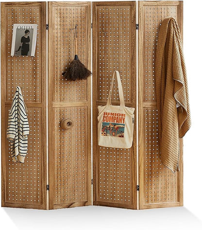 Asnefeli Pegboard Display Room Divider with 16 Hooks, 4 Panel 5.6Ft Wood Room Divider Folding Privacy Screen, Portable Freestanding Wall Organizer for Retail Craft Art Display Board, Natural