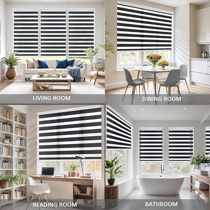COOLWINDS Motorized Zebra Blinds for Windows Cordless Electric Curtains with Remote Control Blackout Shades Custom Smart Blinds Compatible with Alexa Google Home(Light Filtering Black,W51 X 72in)