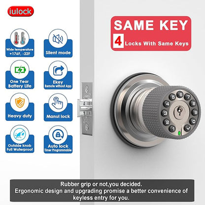 iulock Smart Door Knob with Keypad and Key,Keyless Entry Door Lock with Rubber Grip, Auto Lock,50 User Code,Waterproof, Easy to Install and Program for Bedroom(Stain Nickel Same Key 4 Pack)