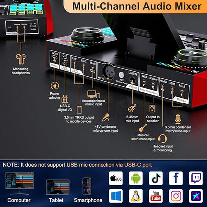 Live Sound Card Audio Mixer, Podcast Equipment Bundle with 3.5mm Condenser Microphone for Pc/Phone Live Streaming Singing Gaming, Sound Board with Voice Changer, Denoise