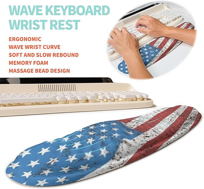 KUOSGM 2-in-1 Ergonomic Set, Wave Rise Keyboard Wrist Rest and Massage Bulge Slope Mouse Pad Wrist Support, Cushion Memory Foam Integrated to Relieve Wrist Pain, American Flag