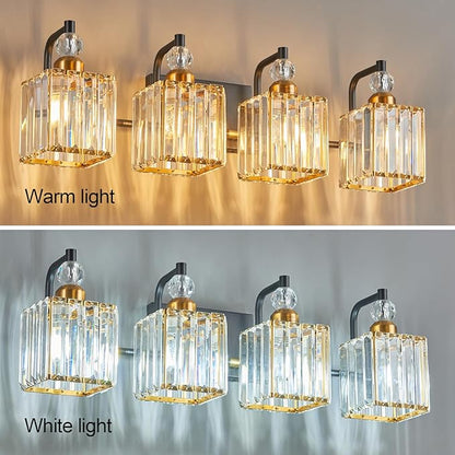 BBLLWJ Black and Gold Bathroom Lights Fixture 4-Light Bathroom Light Gold Brushed Brass Finish Crystal Vanity Light Fixtures Modern Bathroom Light Fixtures Over Mirror