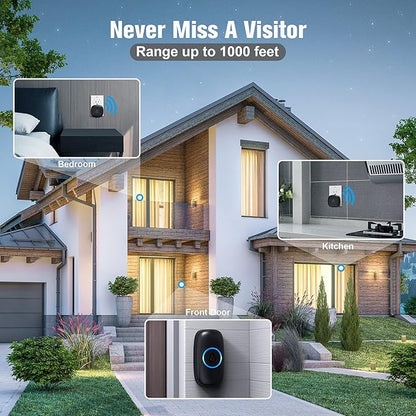 SECRUI Doorbell, Wireless Doorbell with 2 Receivers Easy installation, Adjustable Volume, 58 Chimes, Colorful LED, 1000Ft Range, M520+F55, Black