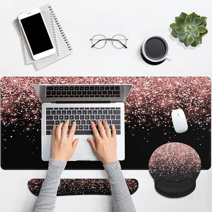 Britimes Rose Gold Pink Keyboard Mouse Pad Set Black Golden 4in1 Large Mousepad+Keyboard Wrist Rest+Mouse Wrist Rest+Coaster Ergonomic Design for Home Office Computer 35.4x15.7 inches