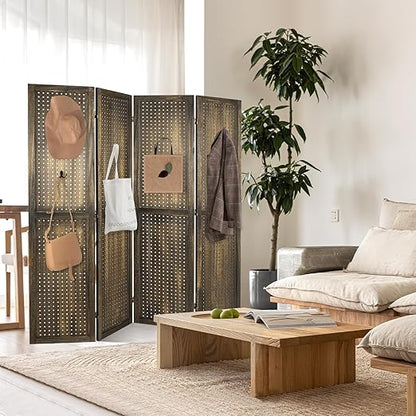 Babion 4 Panel Pegboard Display, Peg Board Room Divider Freestanding Folding Privacy Screens Pegboard Display Stand for Craft Shows (Brown)