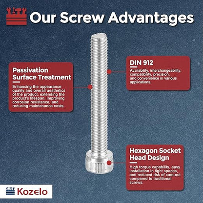 Kozelo 30pcs Socket Head Cap Screws - [M6-1 x 45mm] 304 Stainless Steel Allen Socket Drive for Electrical Motor 3D Printing Fan Engine Replacement Use, Silver