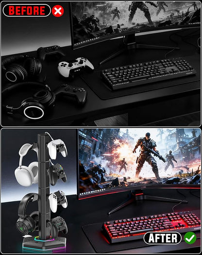 Kytok Headset And Controller RGB Stand for Xbox/ PS5/ PS4 Controller, Headphone & Remote Holder for Desk with 9 RGB Lights & 2 USB 3.0 Ports, Gaming Organizers & Storage Accessories for Gaming Gift