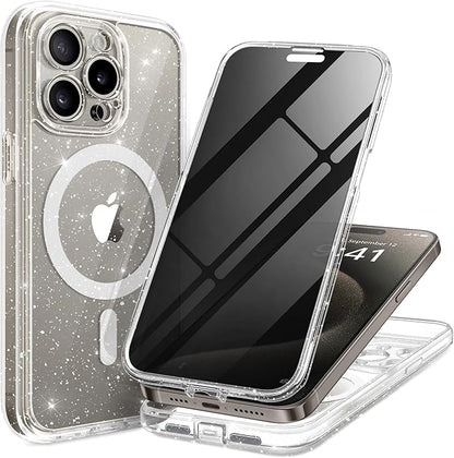 Magnetic for iPhone 15 Pro Case, Compatible with MagSafe, Built-in Privacy Screen Protector and Camera Protection, Anti Spy Full Body Dustproof Shockproof Hard Phone Case 6.1", Shiny Clear