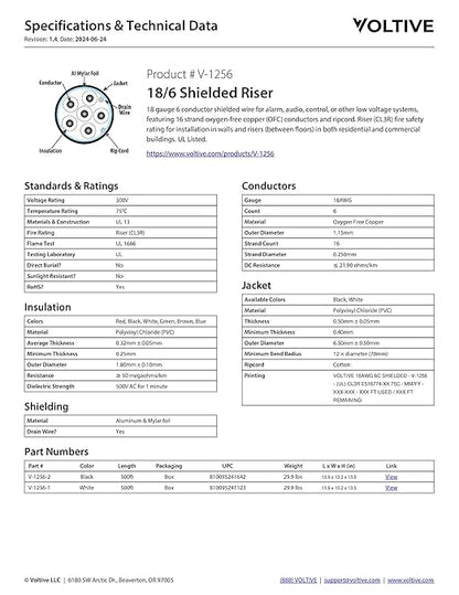Voltive 18/6 Shielded Low Voltage Wire, Riser CL3R, White, 500ft - 18AWG, 6 Conductors, Overall Shield, Stranded Bare Copper, UL Listed - V-1256-1