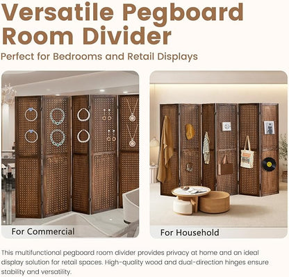 Aleesing 6 Panel Pegboard Display with 24 Hooks,Partition Room dividers, Wooden Room Divider Wall and Folding Privacy Screens, Pegboard Room Divider, Bedroom, Balcony, Dark Brown