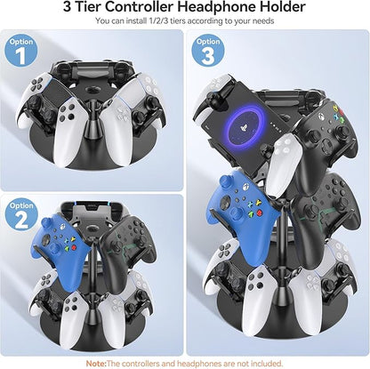 Kosker Headset Stand 3 Tiers for Desk, Rotatable Gaming Controller Stand for PS5/PS4/Xbox/Switch2/PS Portal/Phone, Universal PC Gamer Gift Accessory Controller/Headphone Holder for 9 Packs Controller