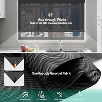Kilonity Motorized Roller Shades, Light Filtering Remote Control Custom Window Shades Compatible with Alexa Google Assistant via RF Hub, Rechargeable Electric Blinds for Windows (Fireproof Black)