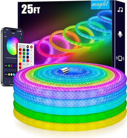 maylit 360 Degree Luminous Reticulate Weave Rope Lights, 25ft Addressable ICRGB LED Strip Lights, Music Sync, DIY Design, USB Powered Flexible LED Lights for Gaming Room Living Bedroom Wall Decor