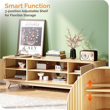 VINGLI 58.6" TV Stand for 70 Inch TV, Mid Century Entertainment Center with Fluted Sliding Doors and Open Storage, Elegant Media Console for Living Room, Oak