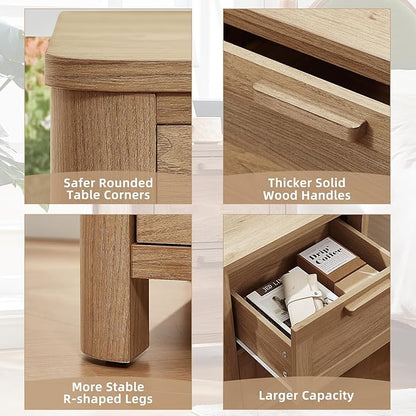 Joaxswe Farmhouse Nightstand Set of 2 with Charging Station, End Tables Bedroom with 2 Large Drawers & 4 Thickened Table Legs, Dark Wood