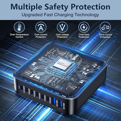 350W USB Fast Charging Station, 8 Port USB C Multi Port Charger Block with PD 100W Fast Charging Station for Multiple Devices, USB Charger Block Compatible iPhone, Android Cell Phone, Tablet, iPad
