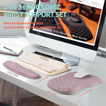 KUOSGM 2-in-1 Ergonomic Set, Wave Rise Keyboard Wrist Rest and Massage Bulge Slope Mouse Pad Wrist Support, Cushion Memory Foam Integrated to Relieve Wrist Pain, Purple
