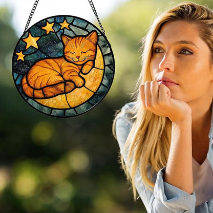 AMDERVEN Stained Glass Window Hanging - Orange Cat Sun Catcher for Door Home Decor Stars and Moon Suncatcher Christmas Mother's Day Birthday Loss of a Pet Gifts for Women Men Mom Nana 6.3 in