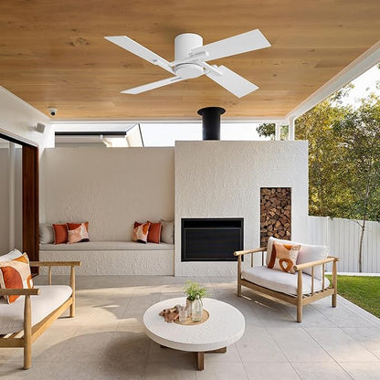 WINGBO 48 Inch Flush Mount Ceiling Fan without Light - 4 Plywood Blades, 6-Speed Reversible DC Motor, Noiseless Low Profile Ceiling Fan No Light for Bedroom Living Room, White and Oak/White