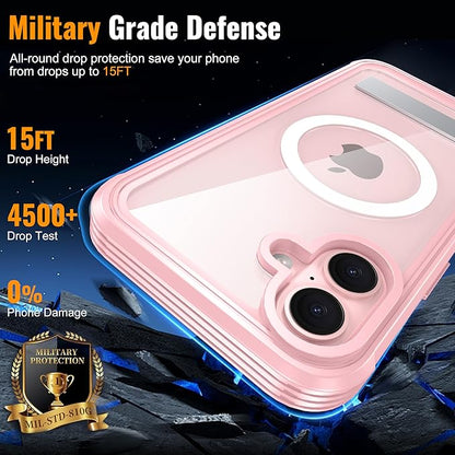 360° Protection Magnetic for iPhone 16 Case Built-in 9H Privacy Screen Protector & Metal Stand[Fit for Magsafe][Anti-Spy][Lens Protector] Heavy Duty Shockproof Phone Case for iPhone 16(Pink)