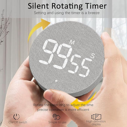 AVINIA Desk Timer for Productivity Magnetic Digital Kitchen Timer Rechargeable Fabric Mesh Cover 99 Mins Countdown/Count Up Stylish Efficana Konah Home Timmer for Cooking (Fabric Gray)