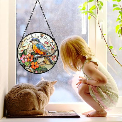 DASTOLL Stained Glass Window Hanging, Blue Bird Pink Flower Suncatcher Diamond Glass Panel Bird Sun Catchers Decor for Birthday for Women, Men, Wife, Aunt, and Mom 7.8 in