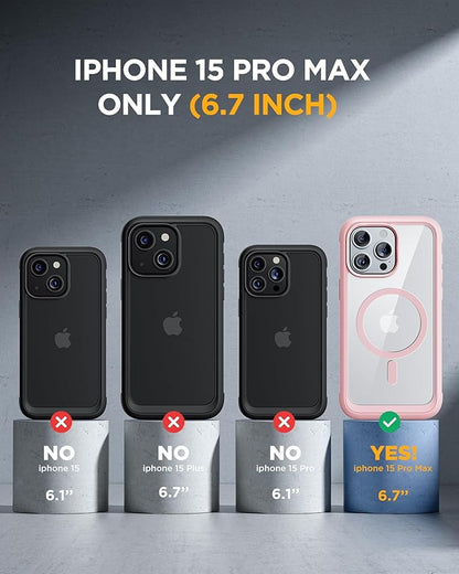 Miracase Magnetic for iPhone 15 Pro Max Case 6.7'' [Compatible with Magsafe] Full-Body Military Drop Proof for iPhone 15 ProMax Case with Built-in 9H Tempered Glass Screen Protector,Pink