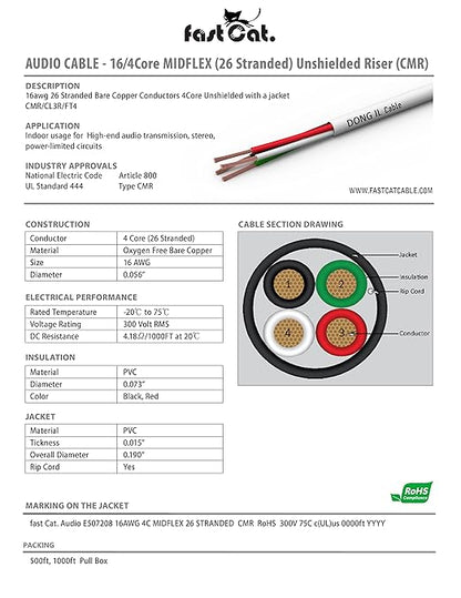 fast Cat. Audio Cable/Speaker Wire - PVC Jacket - UL Listed & (CMR-CL3R-FT4) Rated in-Wall Use - 100% Oxygen-Free Pure Bare Copper (OFC) - 500ft Pull Box (16AWG 4C (65) Highflex, Blue)