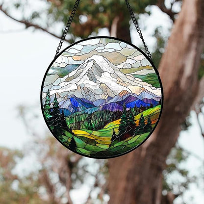 DASTOLL Stained Glass Window Hanging 4 Pcs Set Mountains Lake Green White Landscape 9.8" - Suncatcher Door Garden Sun Catcher Decor Birthday Christmas for Mom Woman Nana Men