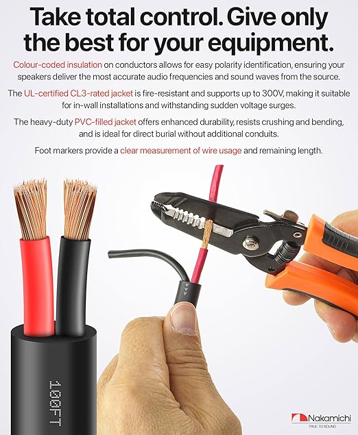 Nakamichi 16/2 (100-Foot) in-Wall & Direct Burial (UL CL2 CL3 Rated) Oxygen-Free Copper (OFC) 2-Conductor Speaker Cable Wire, Outdoor In-Ground, in-Ceiling, Riser, Black (16AWG / 100ft / 30.48m)
