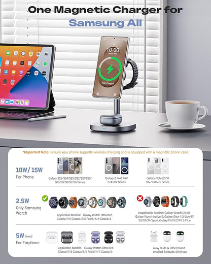 Magnetic Wireless Charger for Samsung, Qi2 Certified Fast 15W 3 in 1 Charging Station TEC Cooling Compatible with Magsafe Charger for Galaxy S25 Ultra/S24/Z Fold 7/Flip7/Samsung Watch Ultra 8/Buds