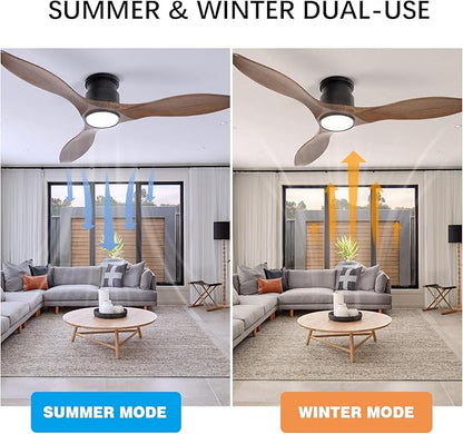revoici 52'' Ceiling Fan with Lights and Remote, 3 Blade Amber Wood Low Profile Flush Mount Ceiling Fan Indoor, Reversible 6 Speeds Dimmable LED Light Fan for Bedroom Living Room Farmhouse