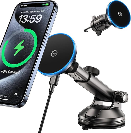 for MagSafe Car Mount Charger Dash/Windshield/Vent Wireless Car Charger with [LED Light], Strong Magnetic Phone Holder for Car for iPhone 16 15 14 13 12 Series, Fit MagSafe Accessories