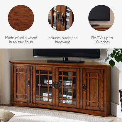 Leick Home 60 in Corner TV Stand, Solid Wood, Adjustable Shelves, Easy Assembly, Mission Style, Blackened Hardware, Medium Oak, 56 in W x 20 in D x 25 in H, 82386