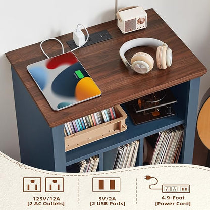 Joaxswe Record Player Stand with Charging Station Up to 200 Albums, 24" Wide Mid-Century Record Player Table with Vinyl Record Storage,Large Wood Turntable Stand Dispaly Cabinet for Living Room,Blue